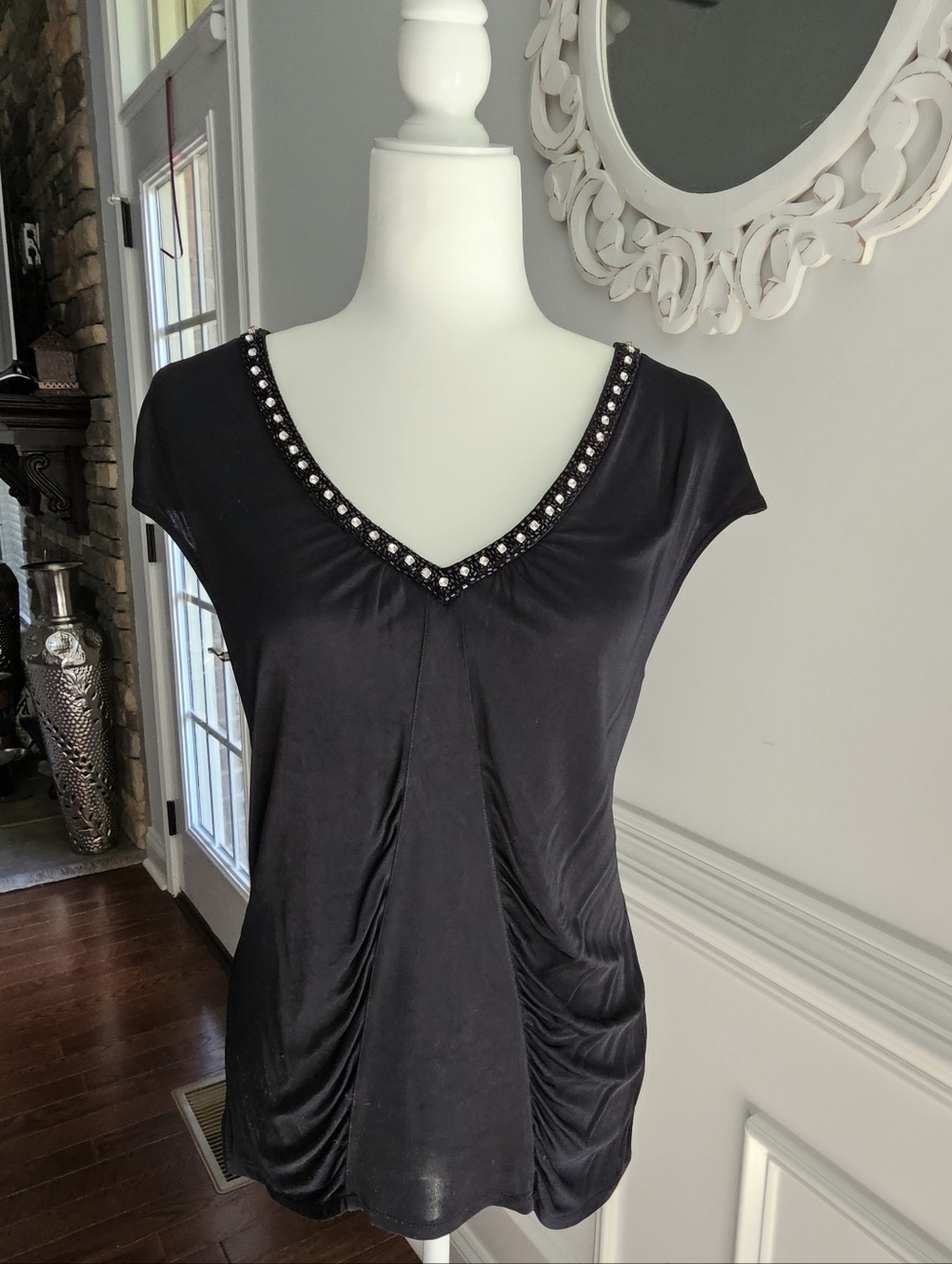 Vintage Y2K Express Beaded Rhinestone Ruched Top - Black - Size L